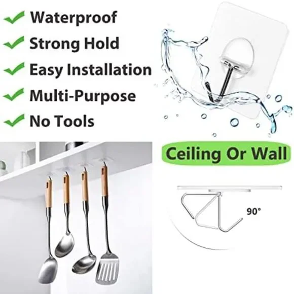 Adhesive Wall Hooks 13LB Heavy Duty No Drill Transparent Waterproof Hooks - Picture 10 of 12